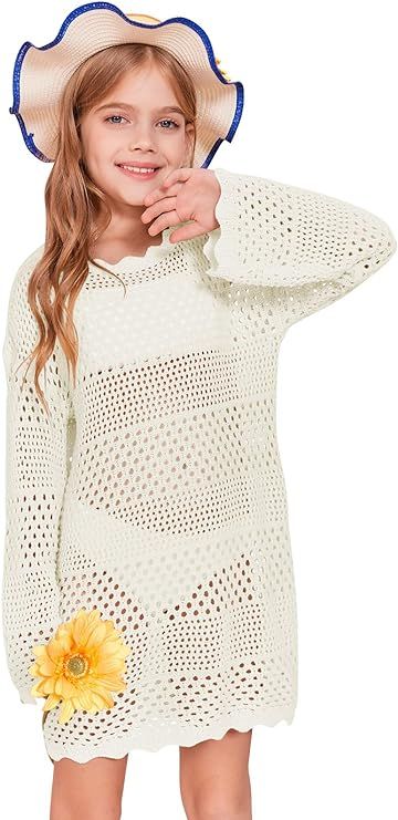 Batermoon Girls Crochet Long Sleeve Swimsuit Cover Up Kids Fashion Hollow Out Swimwear Beach Dres... | Amazon (US)