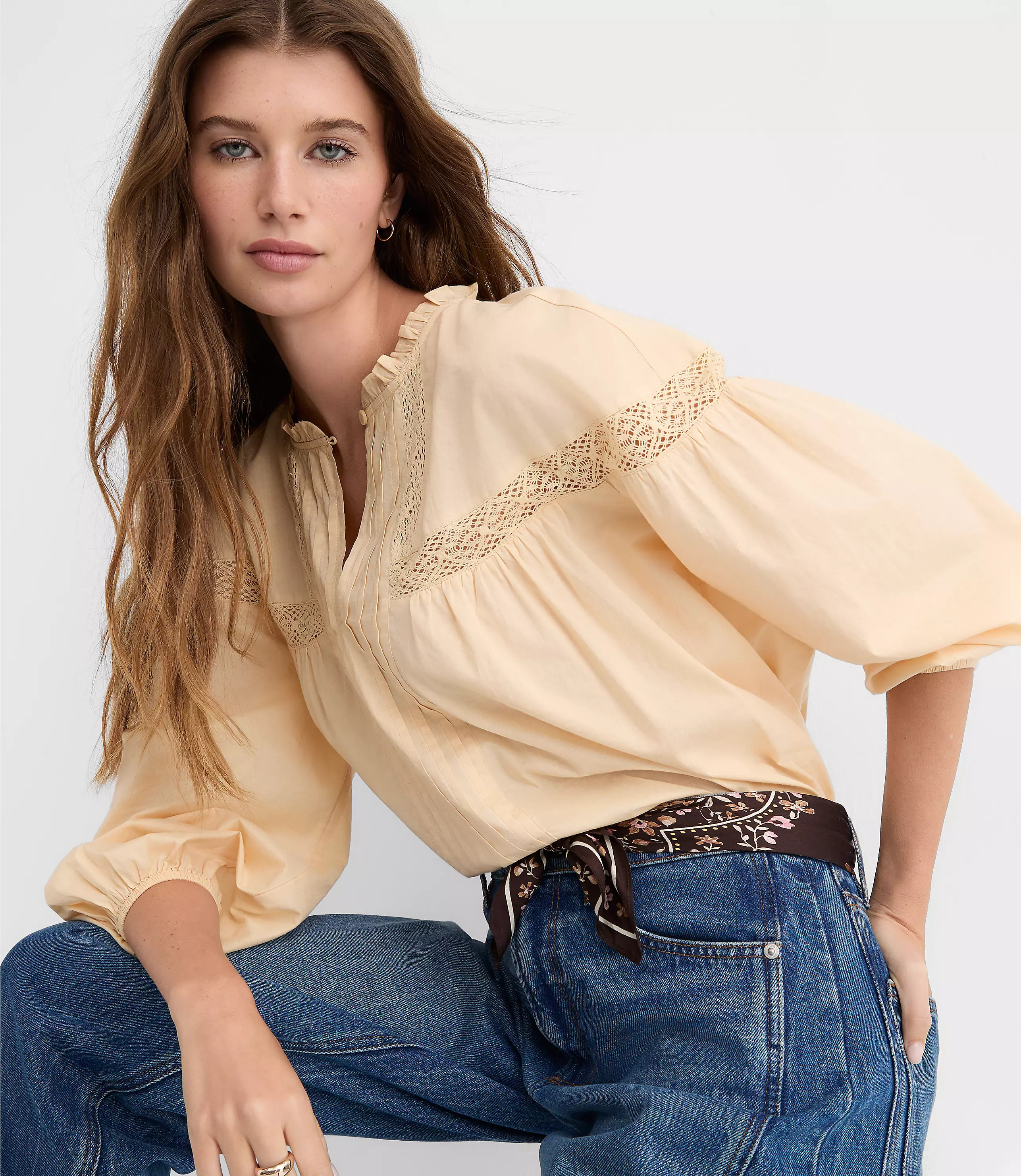 Lace Trim Pintucked Ruffle Collar Blouse | LOFT