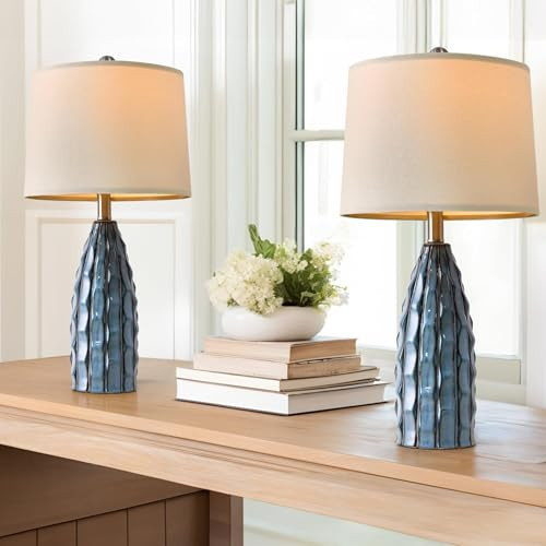 USumkky Ceramic Table Lamps Set of 2, 23.75" Modern Farmhouse Bedside Lamp - Blue Nightstand Lamps for Bedroom, Boho Living Room End Tables, Small Office Desk Lamp Decor | Amazon (US)