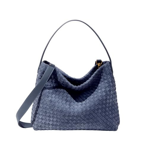 Women's Braided Leather Tote Bag Stylish Suede Hobo Shoulder Bag with Woven Details (Blue) | Amazon (US)