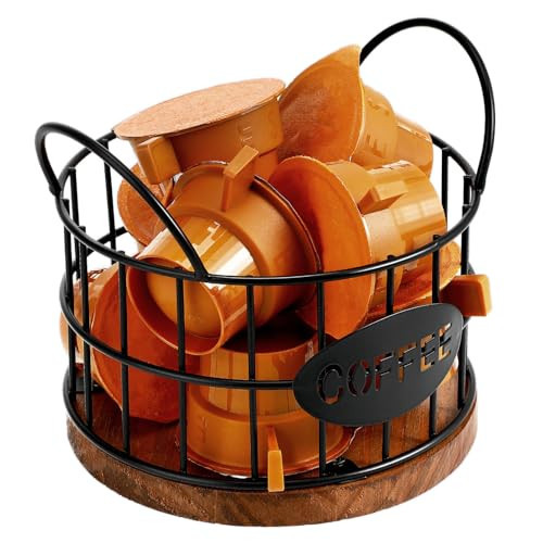 Kichvoe Coffee Pod Holder - Black Wire Coffee Capsule Basket with Wooden Base and Handles - Compact Station Organizer for Countertop - Multi-Functional Bar Accessory | Amazon (US)