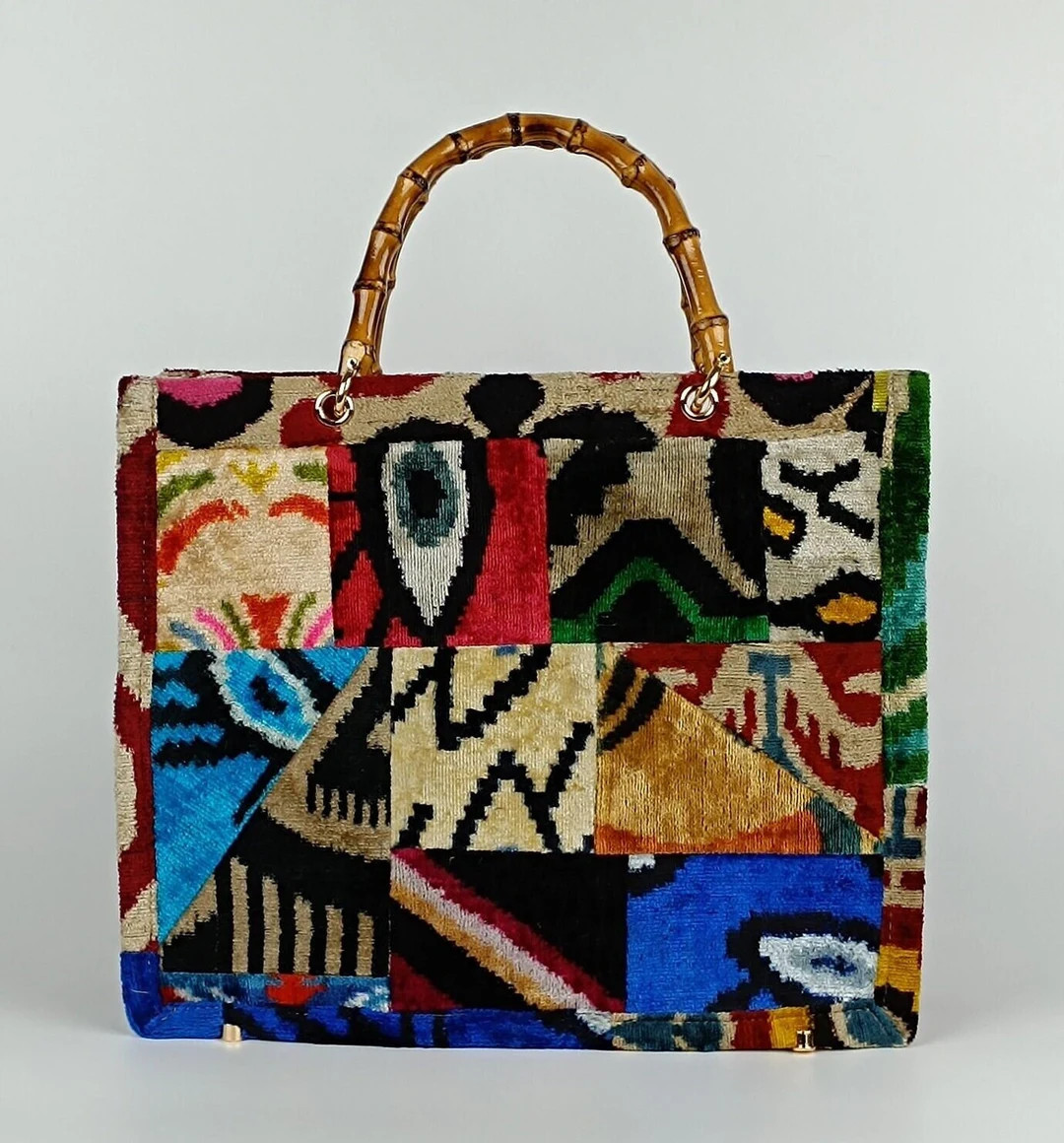İkat bag, İkat Velvet Bambu Strap Tote Bag, Large size handwoven İkat Bag, handwoven İkat vel... | Etsy (US)