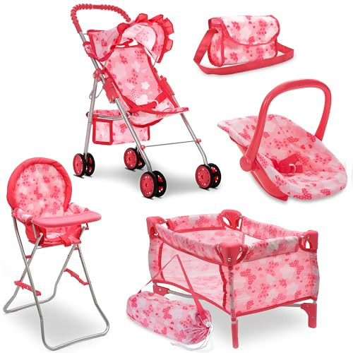 Dolls To Play Baby Doll Stroller Bed and Seat Nursery Playset, Accessories Furniture Set High Chair Diaper Bag Role Play Deluxe Set | Amazon (US)