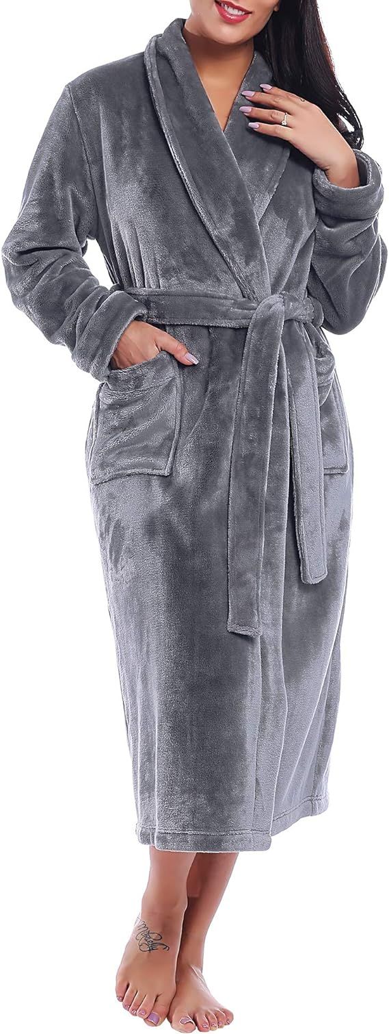 Womens Plush Fleece Robe Winter Long Warm Bathrobe with Shawl Collar/Hood Two Pockets | Amazon (US)