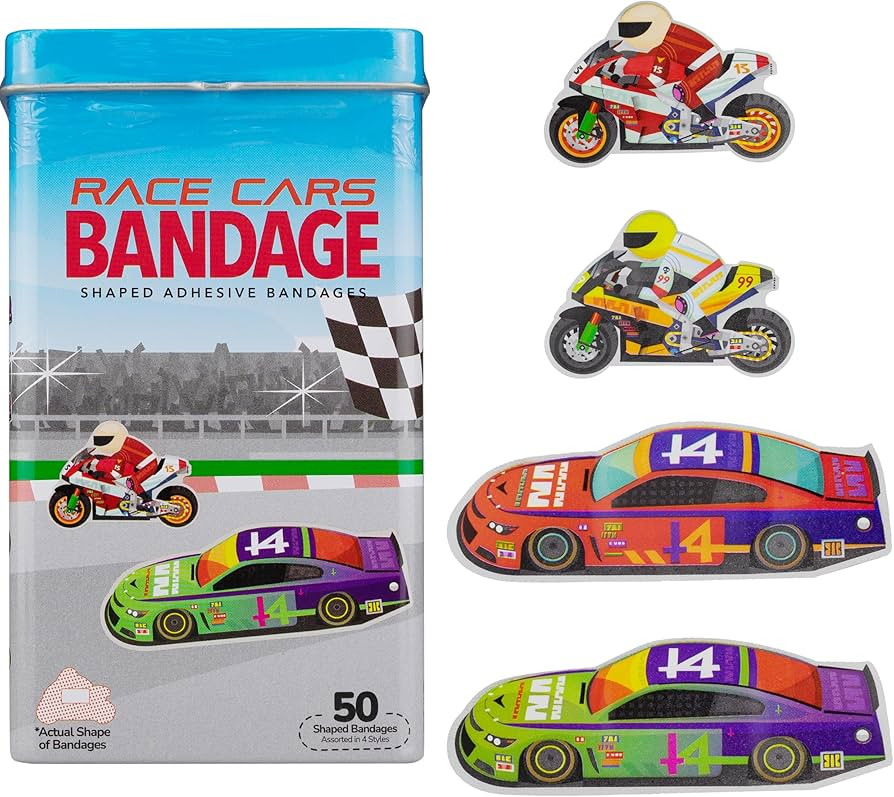 BioSwiss Bandages, Race Cars Shaped Self Adhesive Bandage, Latex Free Sterile Wound Care, Fun Fir... | Amazon (US)