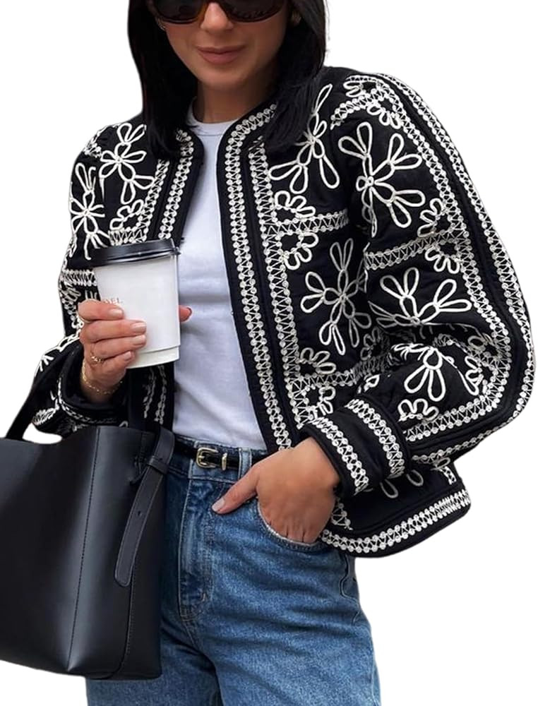 Yimoon Women's Cropped Quilted Puffer Jacket Lightweight Floral Print Padded Coat Open Front Puff... | Amazon (US)