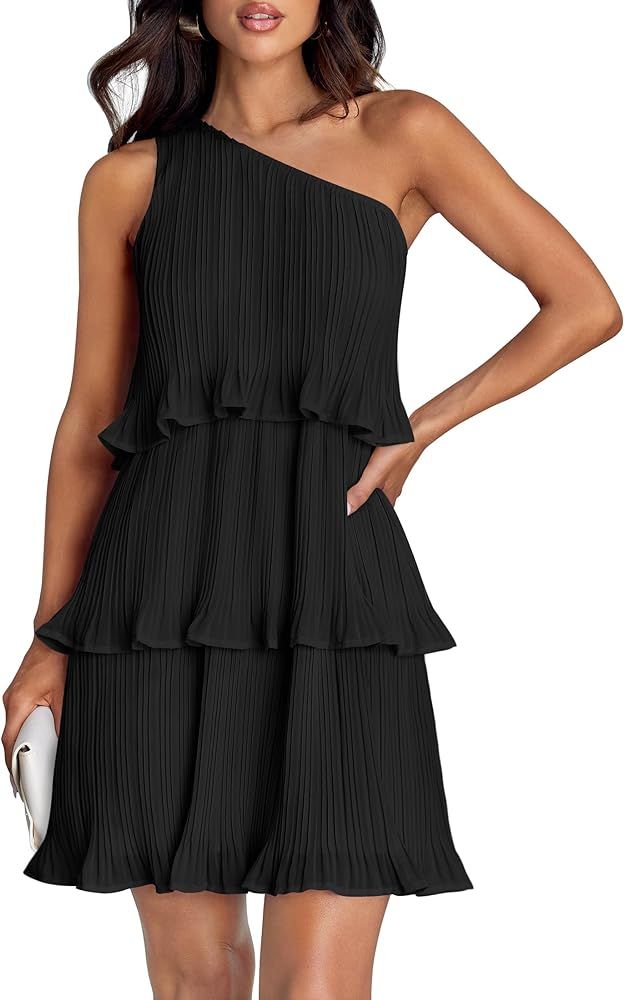ZESICA Women's 2024 Summer Sleeveless Mini Dress Boho One Shoulder Ruffle Tiered Layered Chiffon ... | Amazon (US)