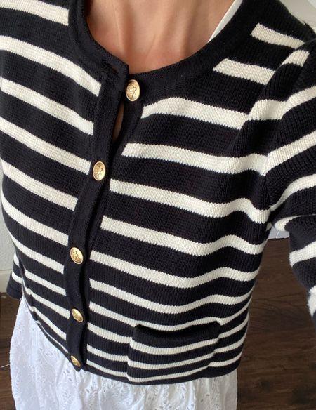 My textured cardigan is on sale. It comes in other colors too. I’m wearing an XS here. I have on the black and ivory  

J.Crew Lady jacket 
Striped black and ivory cardigan 
Spring layers 

#LTKover40 #LTKsalealert