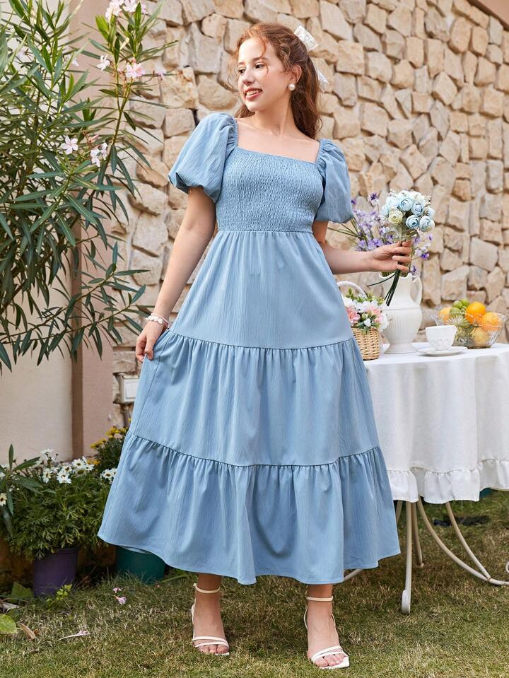 SHEIN Teen Girl's A-Line Dress With Square Neckline, Puff Sleeve And Shirred Dress In Solid Color | SHEIN