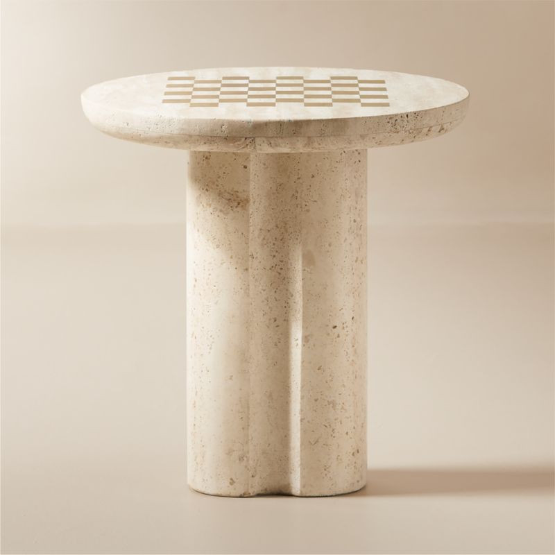 Kikko White Travertine and Brass Inlay Game Side Table | CB2 | CB2