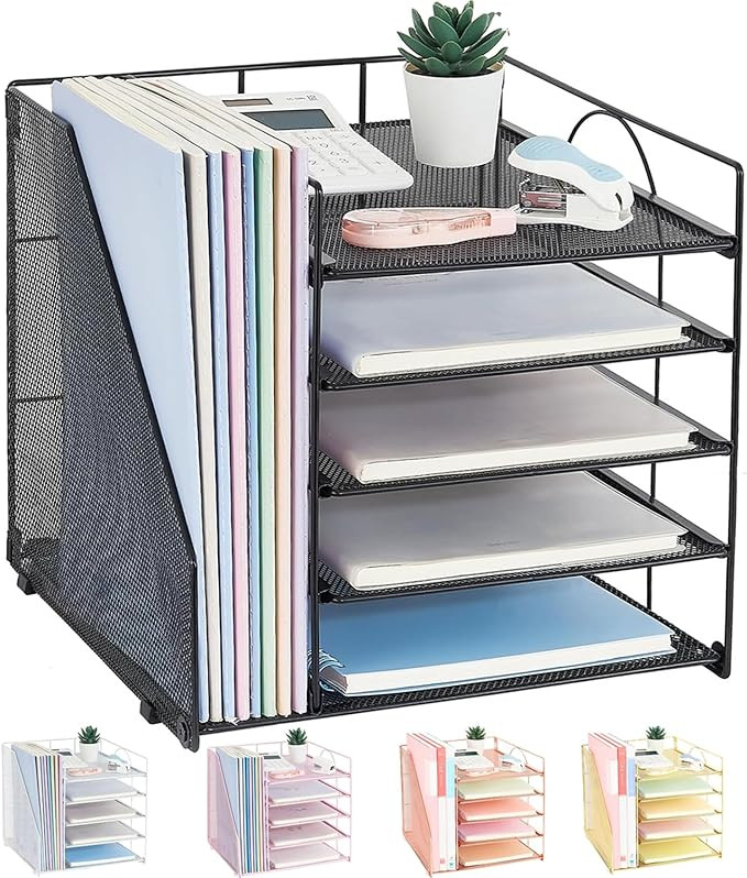 Desk Organizers and Accessories, 5-Tier Paper Letter Tray Organizer with File Holder, Desktop Org... | Amazon (US)