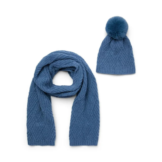 Time and Tru Women's Cozy Cross Beanie and Winter Scarf 2-Piece Gift Set, Insignia Blue | Walmart (US)