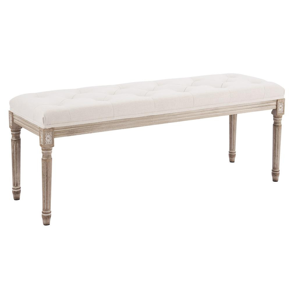 Merra Beige French Vintage Upholstered Bench with Carved Solid Wood Frame (18.1 in. H x 47.2 in. ... | The Home Depot