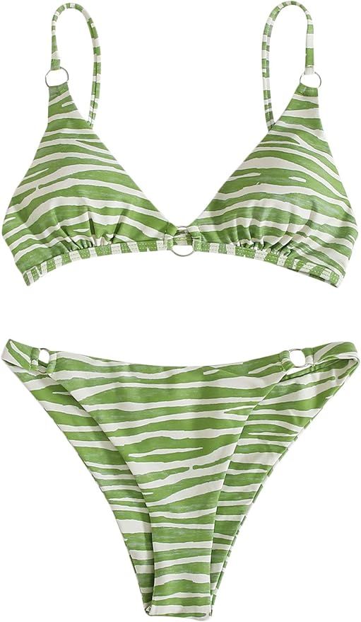 Floerns Women's 2 Piece Spaghetti Strap Zebra Print Tie Back Bikini Set Swimsuit | Amazon (US)