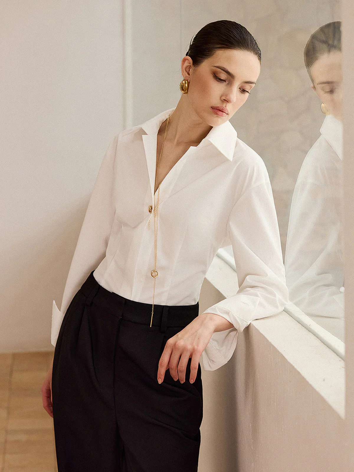 Metal Button Long-Sleeve Shirt | Commense