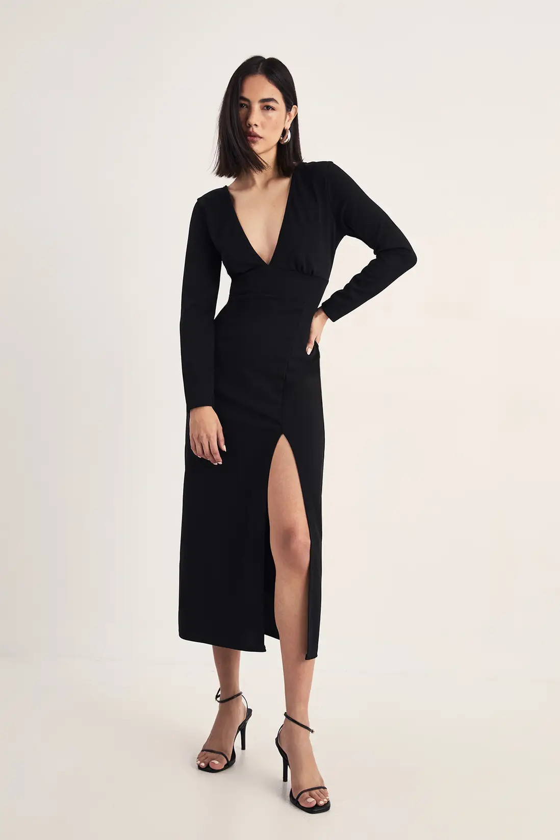 Plunging V-Neckline Split Long Sleeve Midi Dress | Nasty Gal US