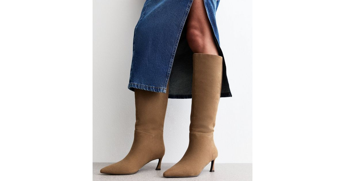 Camel Faux Suede Heeled Knee High Boots | New Look | New Look (UK)
