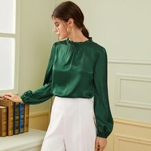 Frill Neck Button Keyhole Back Satin Blouse | SHEIN