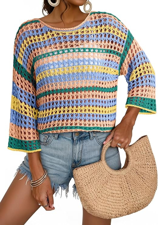 Dokotoo Womens Spring Summer 3/4 Sleeve Crochet Sweater Hollow Out Color Block Striped Tops Casua... | Amazon (US)