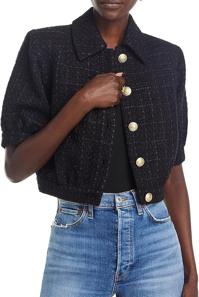 Women's Cropped Tweed Blazer Puff Sleeves Short Sleeve Jacket with Gold Buttons | Amazon (US)