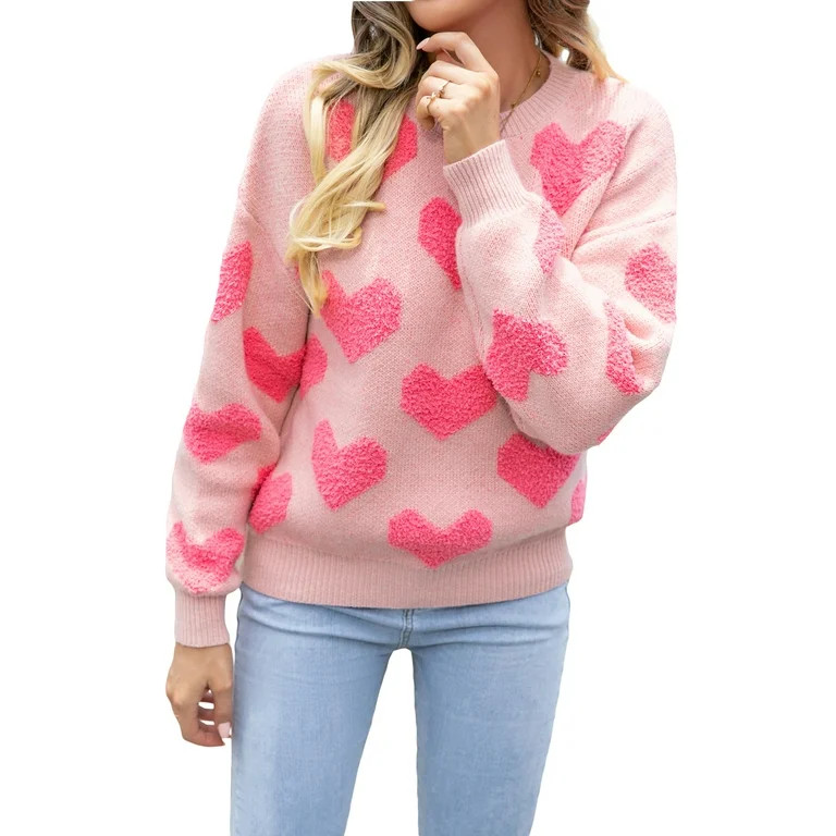 Shunvnny Women Loose Fall Knit Sweater Heart Pattern Long Sleeve Round Neck Knitwear Tops - Walma... | Walmart (US)