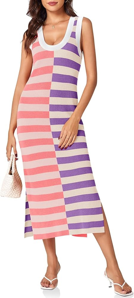 Wenrine Womens Summer Striped Dress Sleeveless Knitted Contrast Color Side Slit Casual Maxi Beach... | Amazon (US)