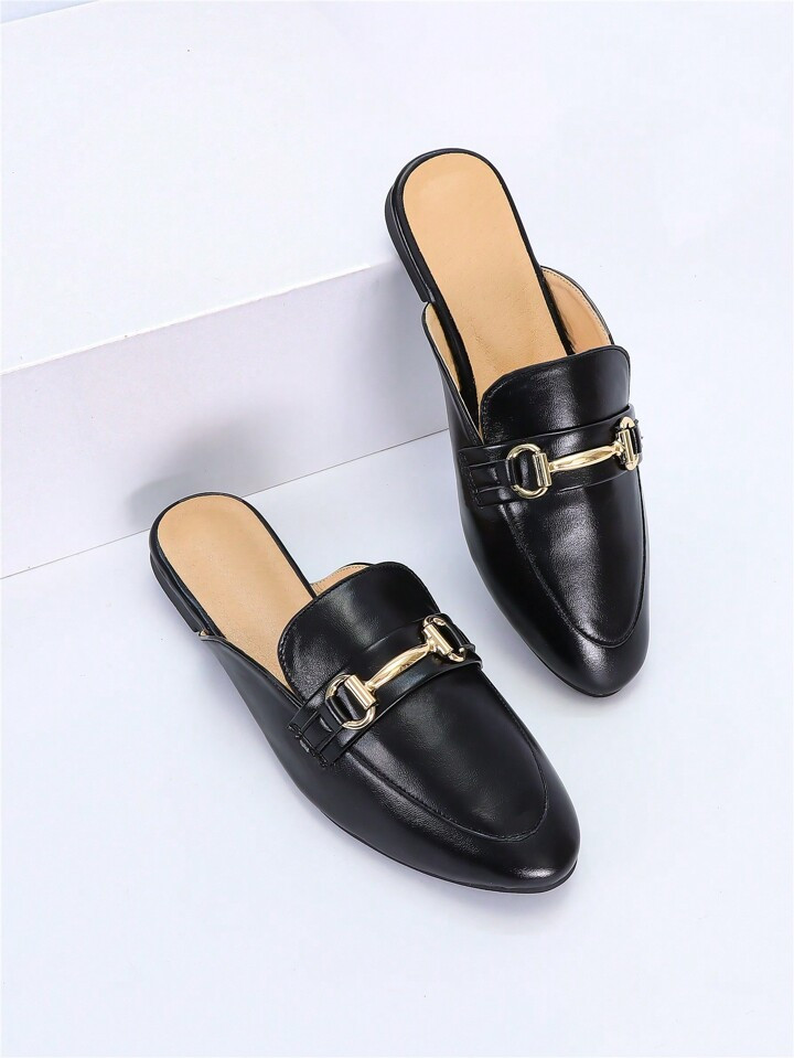 Women's Soft Leather Elegant Loafers With Metal Decoration And One Foot Slip-On Mules | SHEIN