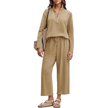 Imily Bela Womens 2 Piece Outfits Sweatsuit Long Sleeve Lapel V Neck Shirt and Wide Leg Pants 202... | Amazon (US)