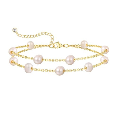 BERISO Gold Pearl Bracelets for Women,14K Gold Plated Bracelets Dainty Pearls Beaded Chain Heart Pearl Bracelets Jewelry | Amazon (US)