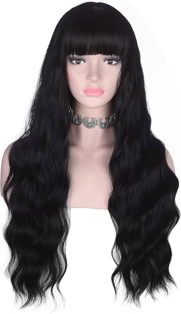 Long Wavy Black Wig with Bangs for Women Heat Resistant Synthetic Hair Wigs for Daily Use(Black) | Amazon (US)