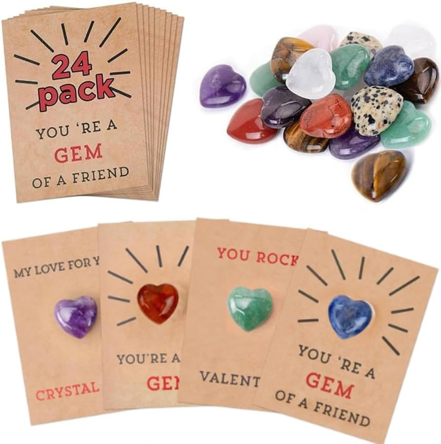 Valentines Crystals Card,24 Pack Valentines Cards with Heart-Shape Crystal Stones,Funny Valentine... | Amazon (US)