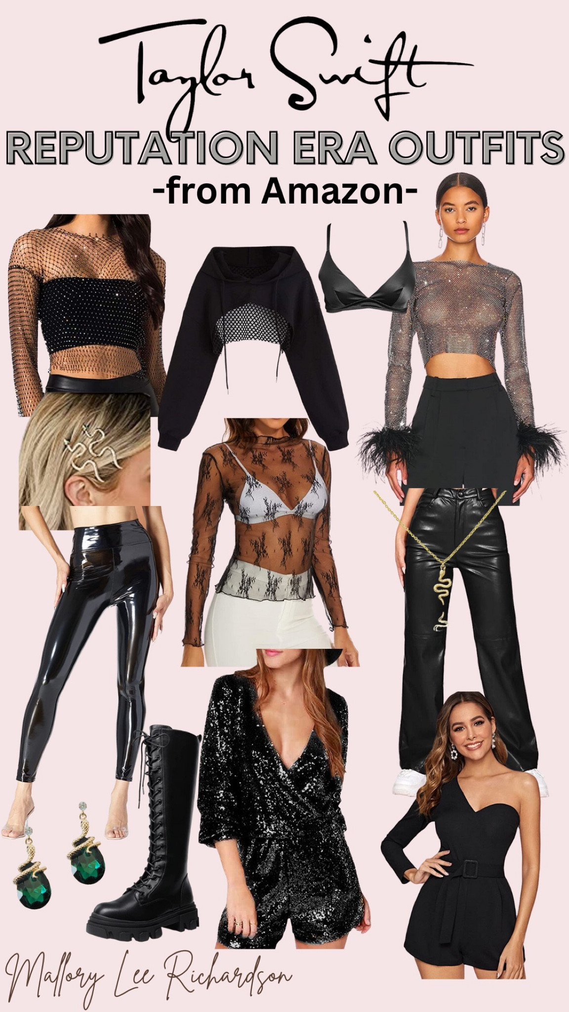 Taylor Swift concert outfit amazon, Taylor Swift eras, Taylor Swift eras outfit, Taylor Swift concert outfits, Taylor Swift eras tour, Taylor Swift amazon, reputation era, black lace top, leather pants, leather leggings, sequin romper, sheer top, lace top, leather pants, black boots, black feather top, snake jewelry, snake accessories, edgy style 

#LTKunder50 #LTKstyletip #LTKFestival