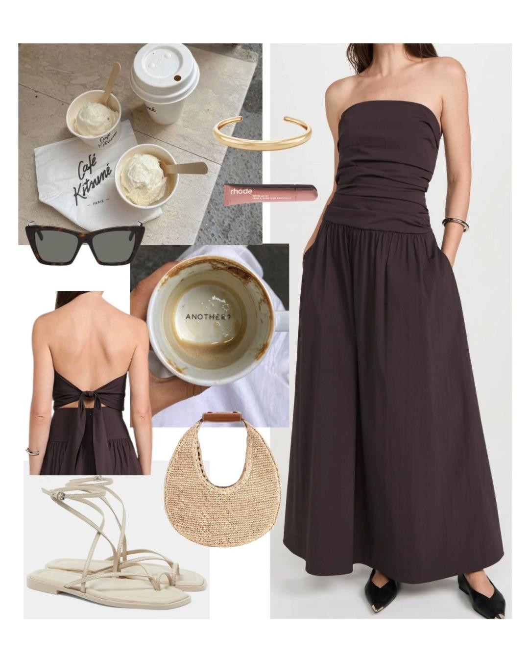 What to wear to coffee on a city summer vacation ☀️ 

——
Summer dress, vacation dress, spring dress, long dress, flowy dress, tube dress, easy outfit, everyday dress, chic OOTD, elevated casual, cool mom, styled outfit, flat sandals, strappy flat sandals, coffee outfit