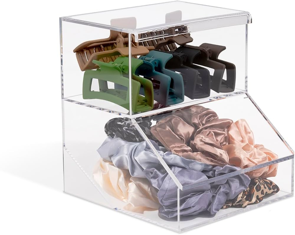 Hair Tie Holder & Bows Organizer - 2 Compartment Acrylic Container w/Lids for Storing Bracelets, ... | Amazon (US)