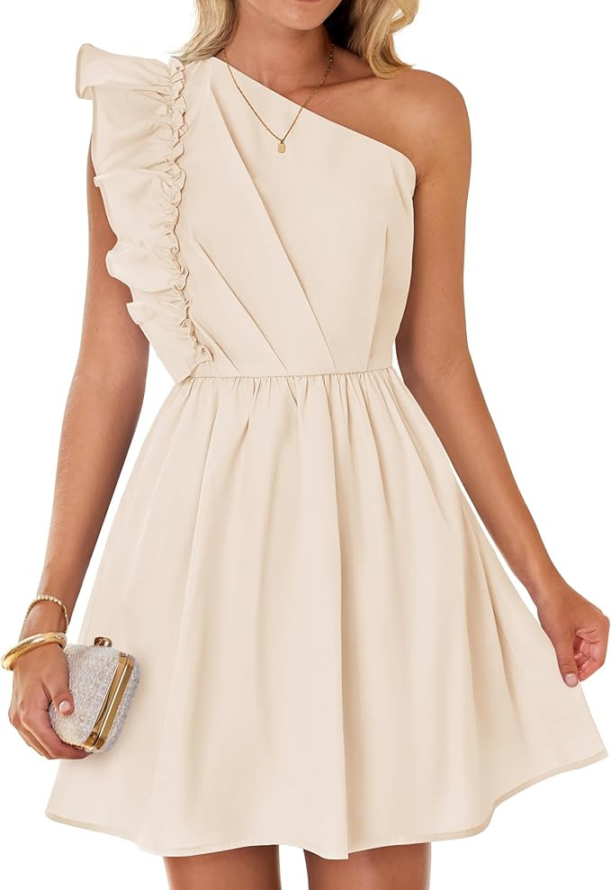 ZESICA Women's Summer One Shoulder Ruffle Dress 2024 Boho Sleeveless Elastic High Waist Swing Min... | Amazon (US)