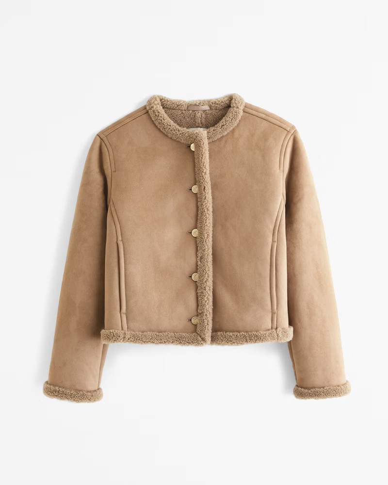 Women's Collarless Sherpa Jacket | Women's 20% Off Select Styles | Abercrombie.com | Abercrombie & Fitch (US)