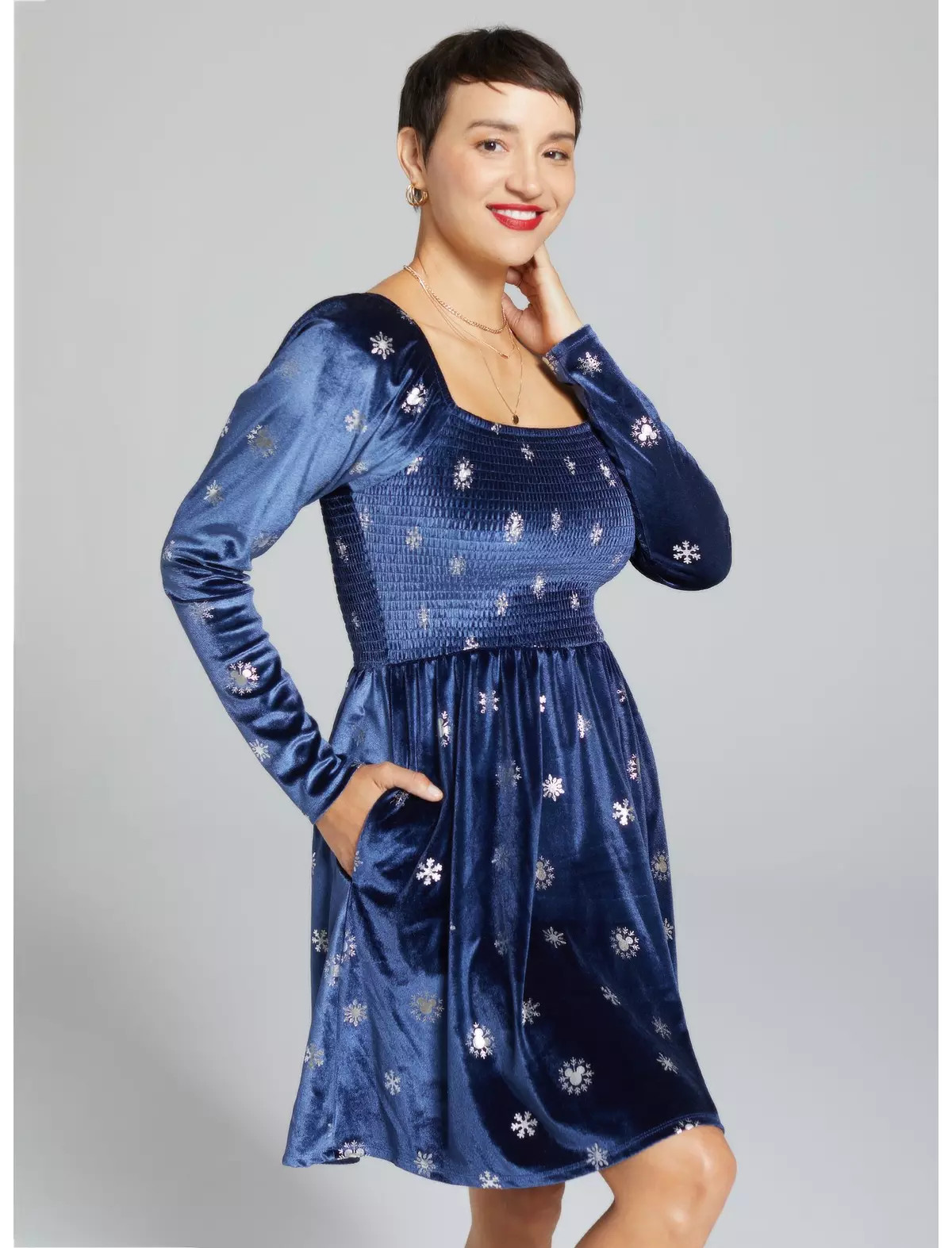 Disney Mickey Mouse Snowflake Allover Print Long Sleeve Smock Dress - BoxLunch Exclusive | BoxLunch