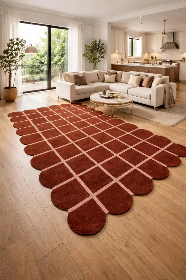 Scallop Edge Grid Runner Rug | Hand Tufted Custom Rug | Checkered Area Rug | Modern Aesthetic Car... | Etsy (US)