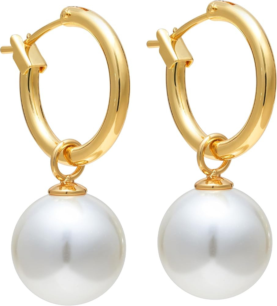 Pearl Earrings for Women 18K Gold Plated Huggie Hoop Earrings with Freshwater Pearls AAAA+ Handpi... | Amazon (US)