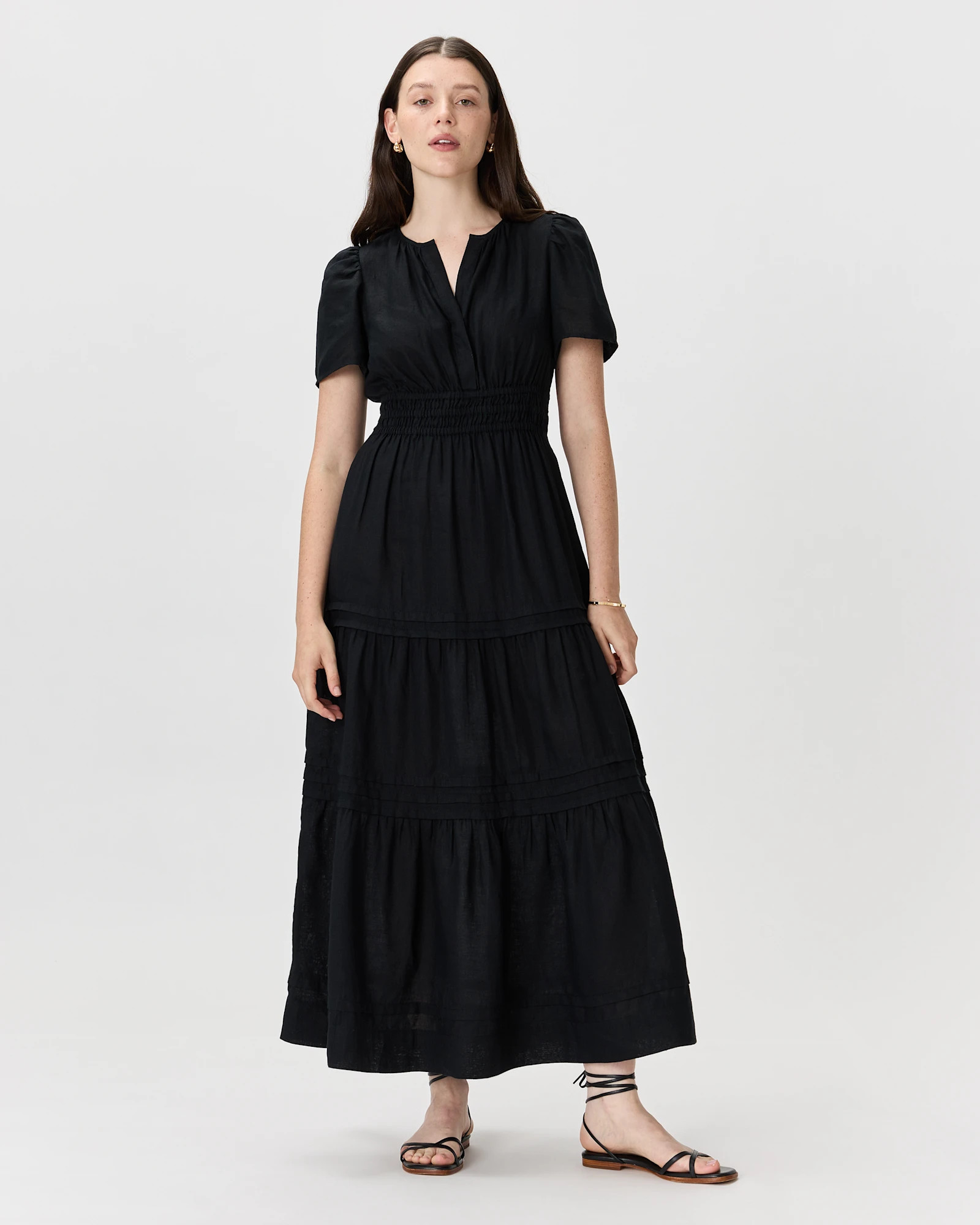 100% European Linen Tiered Maxi Dress in Black | Quince