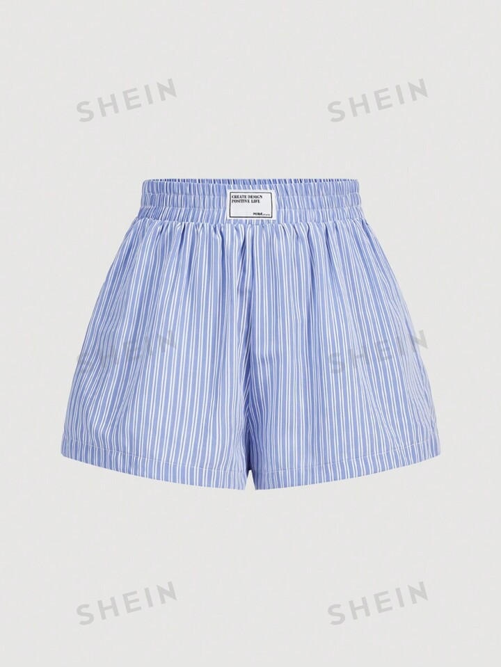 SHEIN MOD Women's Blue & White Striped High Waist Alphabet Embroidery Detail Elastic Waist Shorts | SHEIN