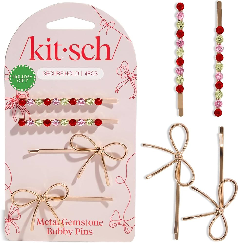 Kitsch Metal Bow & Gemstone Bobby Pins for Women - Stylish Hair Pins for All Hair Types, No-Slip ... | Amazon (US)