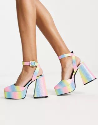Daisy Street platform flared heeled shoes in rainbow glitter | ASOS (Global)