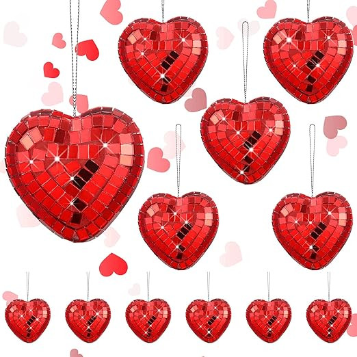 12 Pcs Heart Shaped Disco Ball Valentine's Day Ornaments Red Disco Mirror Ball Heart Shape Disco ... | Amazon (US)