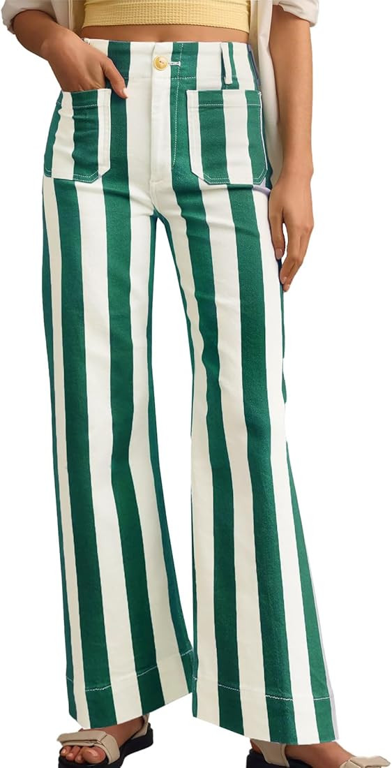 Kedera Women's Striped Pants Wide Leg Trousers Casual High Waisted Fun Pants Flare Jeans with Pat... | Amazon (US)
