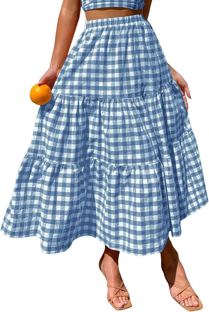 ebossy Women's Candy Color Slim Fit Elastic High Waist Plaid Gingham Tiered Flowy Boho Maxi Skirt... | Amazon (US)