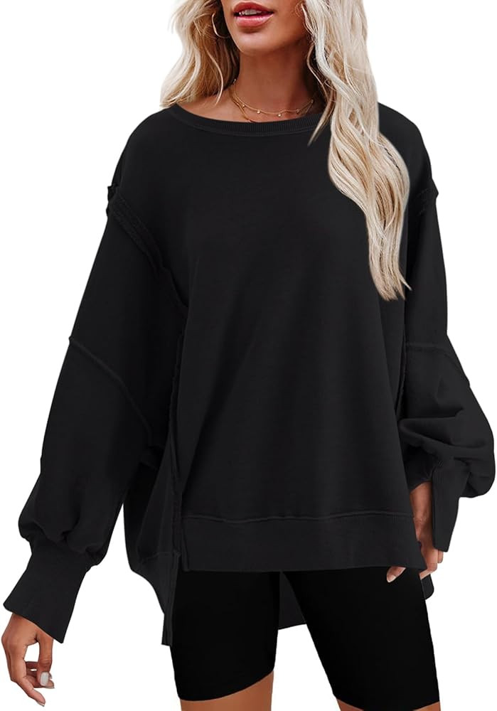 Nirovien Womens Oversized Crewneck Sweatshirt Side Slit Long Sleeve Pullover Slouchy Fit Tops | Amazon (US)