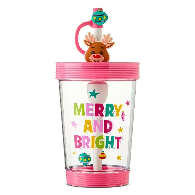 Pink Merry and Bright Reindeer Christmas Tumbler with Straw and Lid, 18 oz, by Holiday Time | Walmart (US)