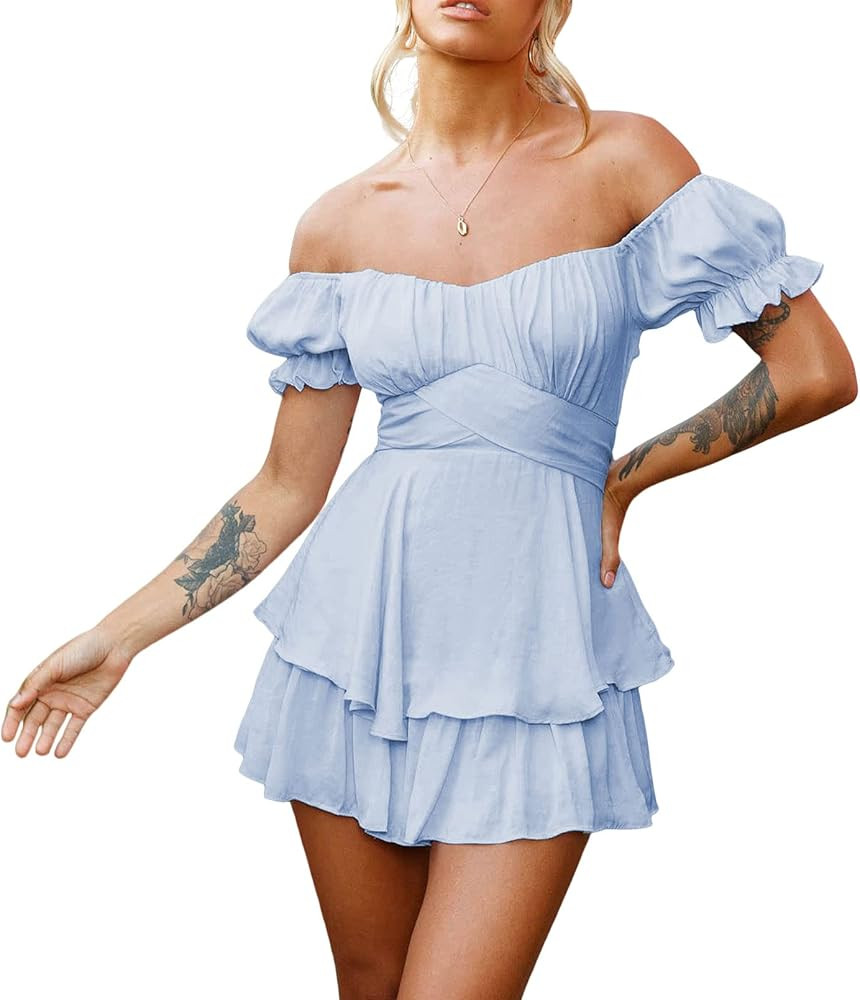 Fixmatti Women Boho Romper Off Shoulder Ruffle Chiffon Shorts Jumpsuit Playsuits | Amazon (US)