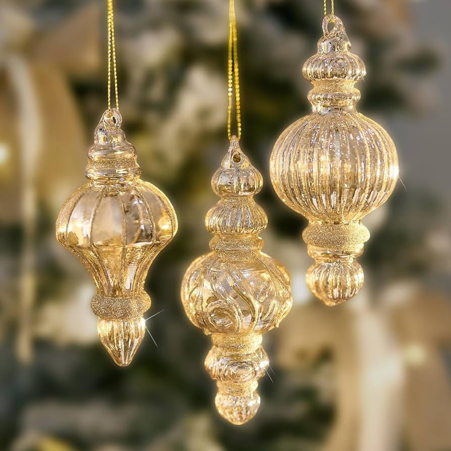 Set of 3 Glass Finial Christmas Ornaments 4.7in Vintage Hand Blown Hangings for Christmas Tree De... | Amazon (US)